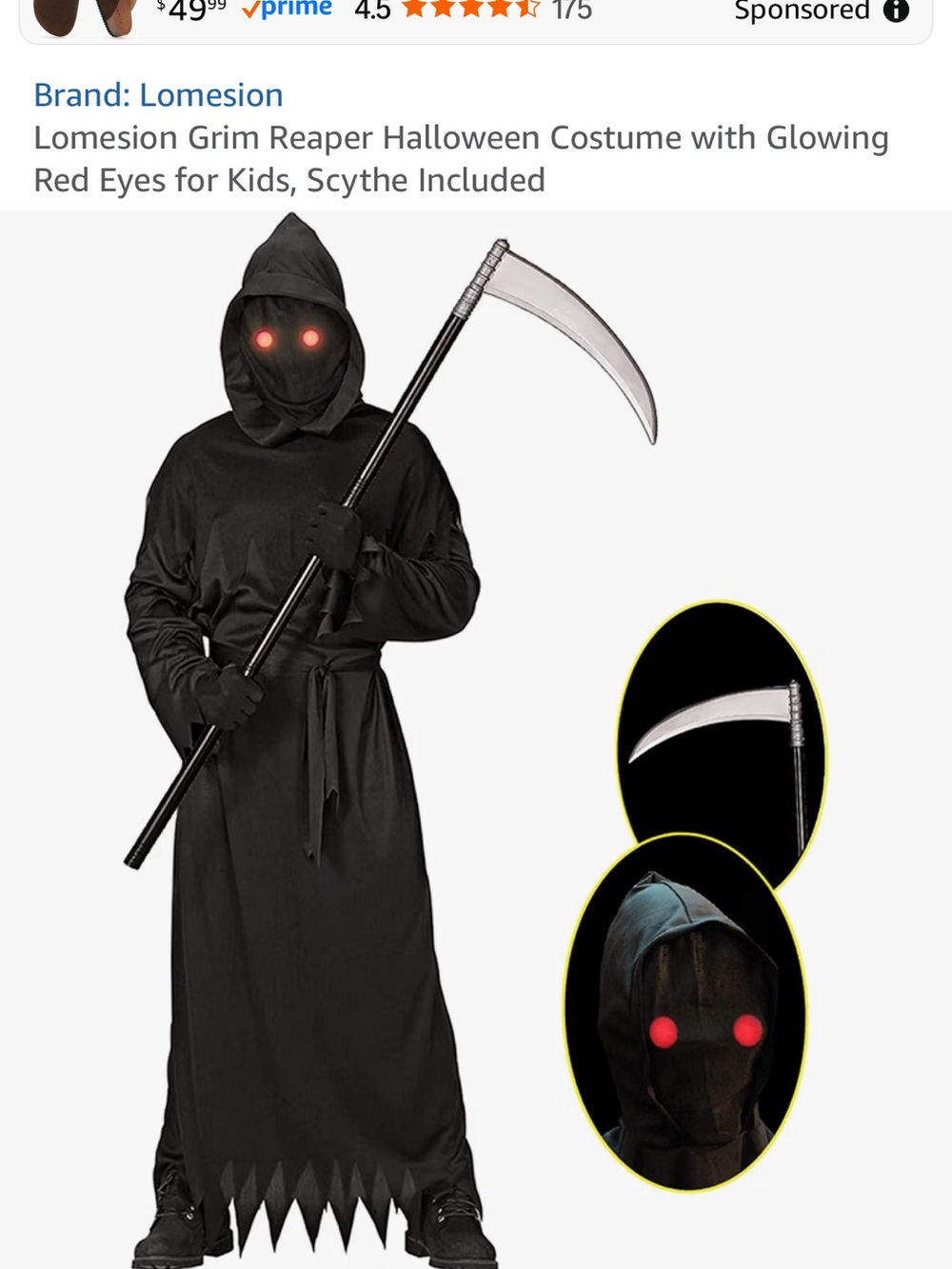 Kids Grim Reaper Costume with Glowing Red Eyes - Black